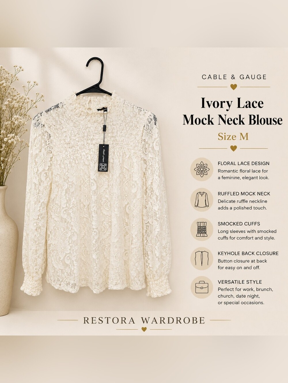 Cable & Gauge Romantic Ivory Floral Lace Mock Neck Blouse NWT M